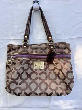 Rare early 2000s Coach Poppy slouchy tote | brown signature print  purple zipper